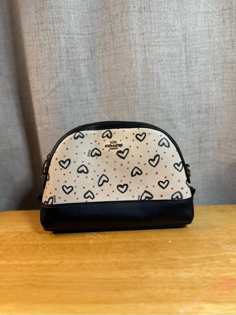 Coach Cream and Black Heart Print Shoulder Bag